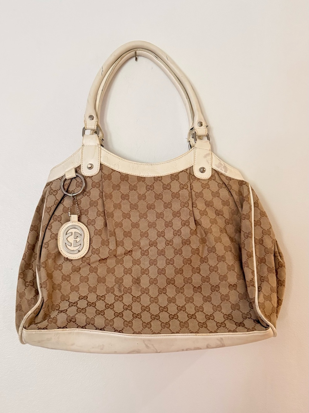 Inspired Beige Brown Monogram Shoulder Bag with silver accents